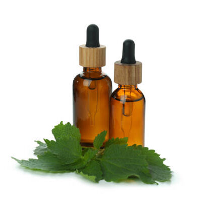 Bottles of nettle essence oil isolated on white background