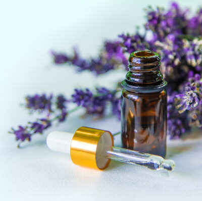 Lavender essential oil in a bottle. selective focus. nature.